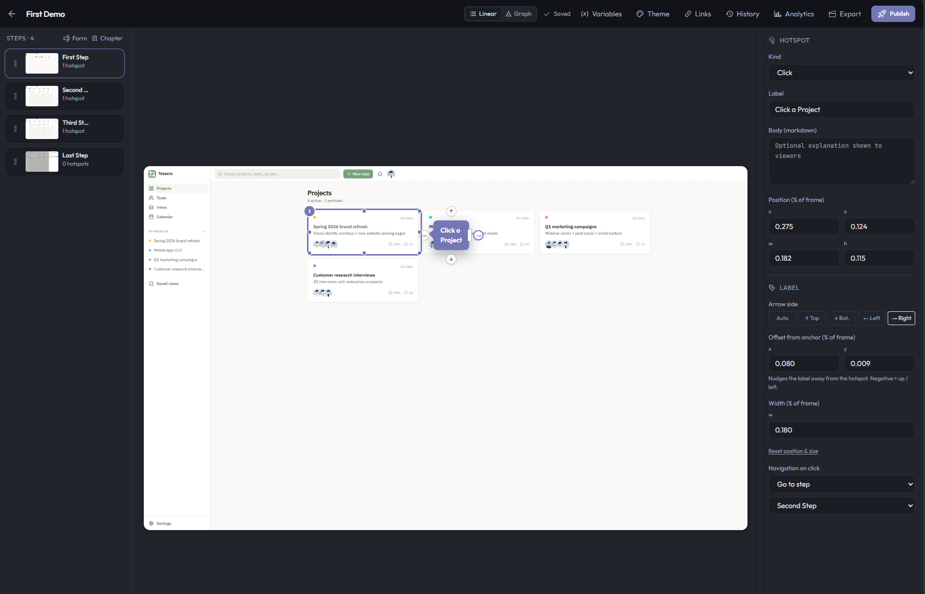 HeimdallPresent editor — step list on the left, demo canvas in the middle, hotspot properties panel on the right.